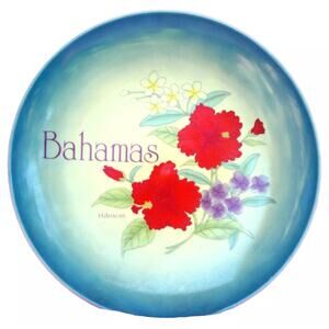 Souvenir Plate Bahamas 1972 Ceramic Red Hibiscus Tropical Nautical Decorative